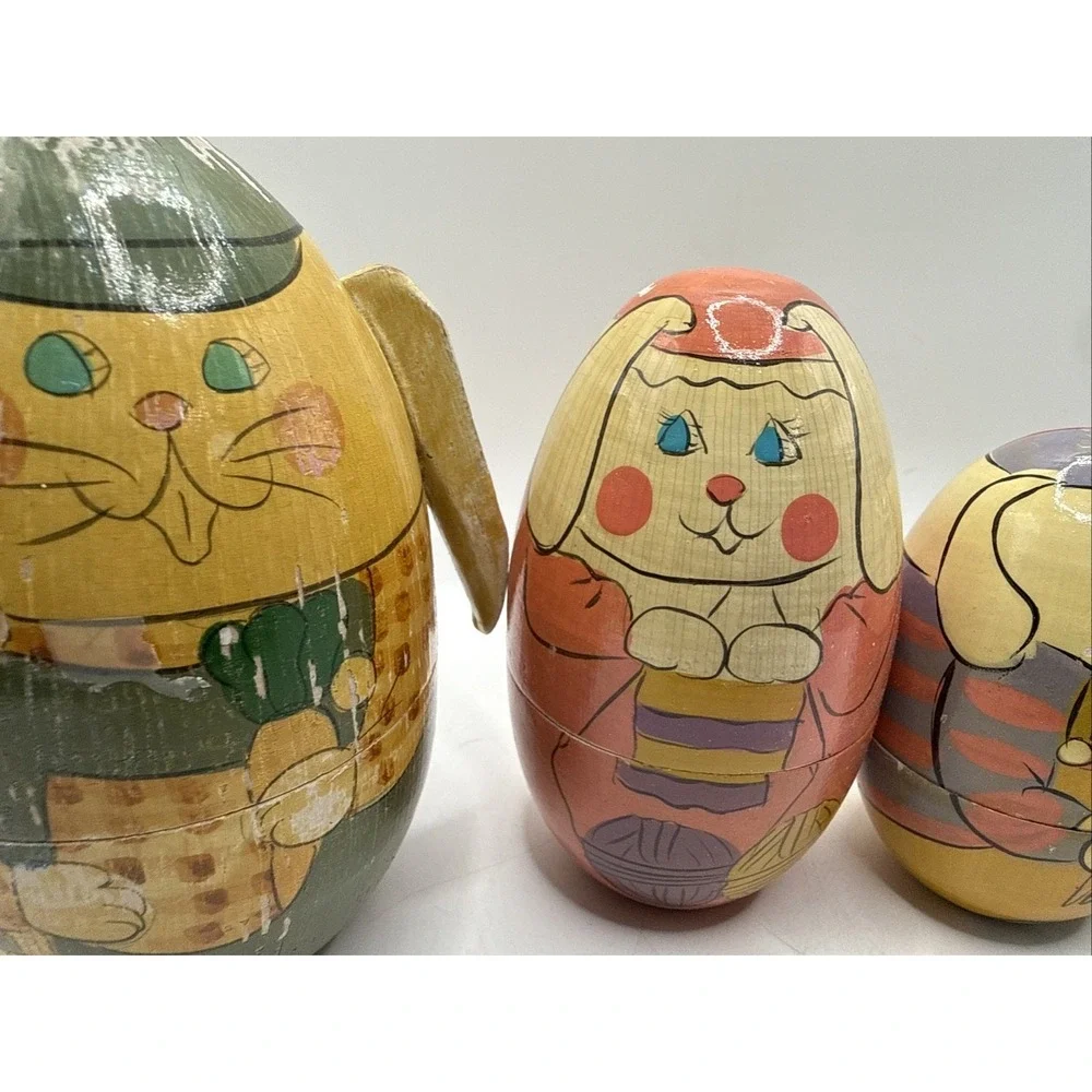 VTG Bunny Rabbit Russian Nesting Dolls Set of 5 Hand Painted Wooden Easter 5